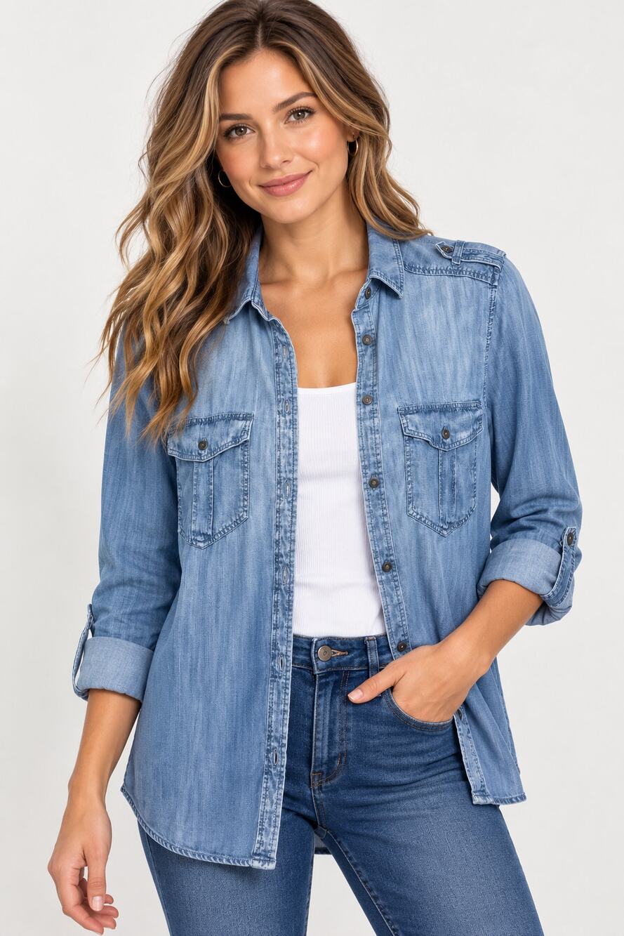 American Eagle Outfitters Boyfriend Fit Lyocell Chambray Shirt XL Blue Utility